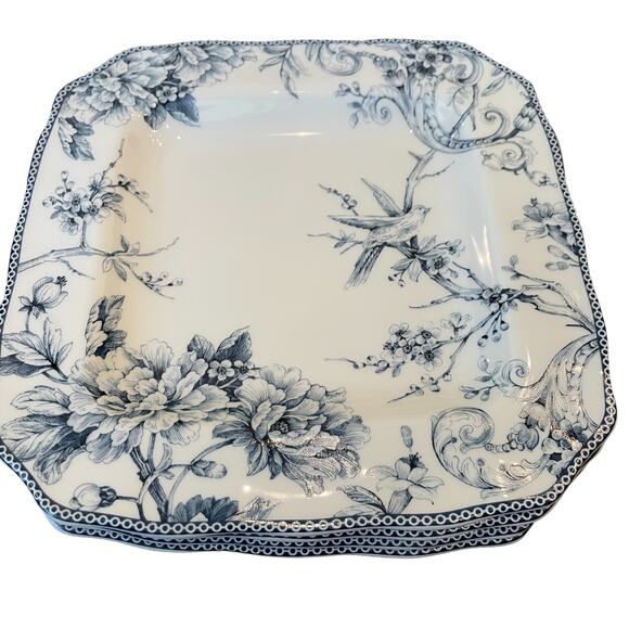 222 Fifth Adelaide Blue Salad Plates 8.5in Square Set of 4 Bird & Floral Design - Picture 7 of 7